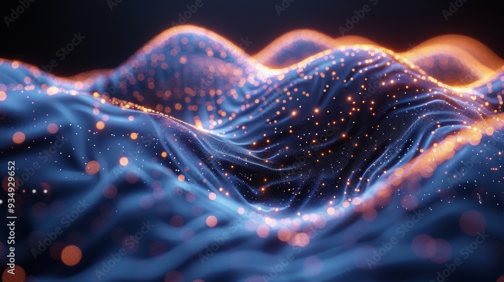 Poster abstract representation of flowing waves with glowing particles in a dark background