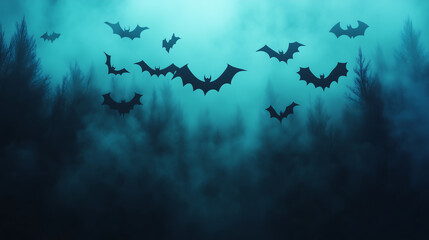 Fototapeta premium Silhouettes of bats flying in a misty, dark forest, creating a spooky and eerie atmosphere perfect for Halloween.