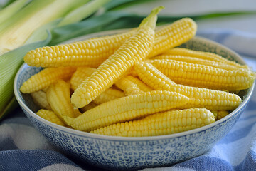 Fresh sweet corn on the cob served on a bowl, a delicious and natural food ingredient for a tasty dish