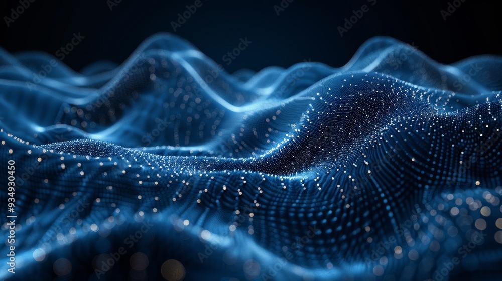 Poster digital blue waves undulating with a glowing mesh structure in a dark space