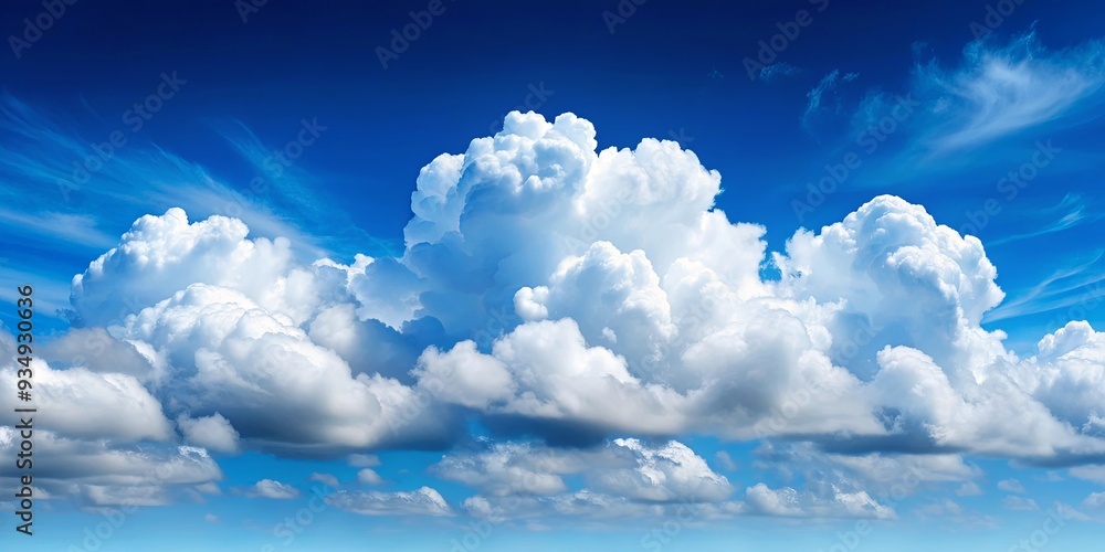 Poster Fluffy white clouds floating in a clear blue sky , Cloudscape, nature, weather, sky, atmosphere, fluffy, white, blue, peaceful