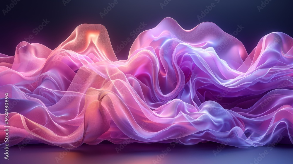 Poster flowing pastel fabric waves illuminated by soft light in a serene setting
