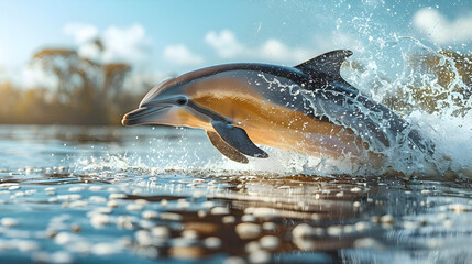Fototapeta premium Amazon Tucuxi Dolphin leaping out of the water, creating splashes and dynamic movement