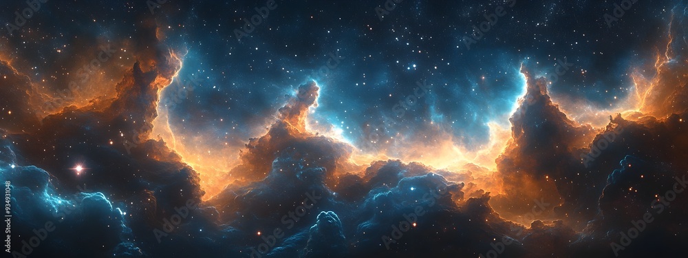 Poster mesmerizing cosmic landscape:shimmering star fields,colossal interstellar structures,and captivating