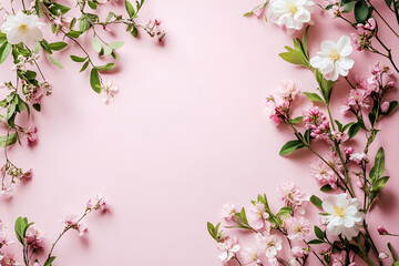 frame made of cherry tree flowers on pink background. Valentine, birthday or wedding concept.