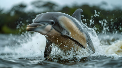 Fototapeta premium Amazon Tucuxi Dolphin leaping out of the water, creating splashes and dynamic movement
