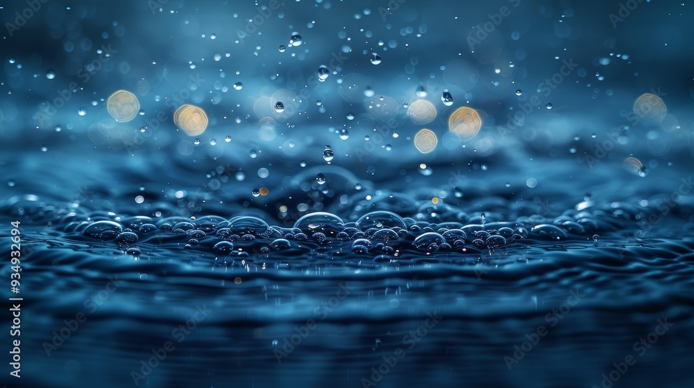 Poster raindrops create ripples on a calm surface with glimmering reflections at twilight