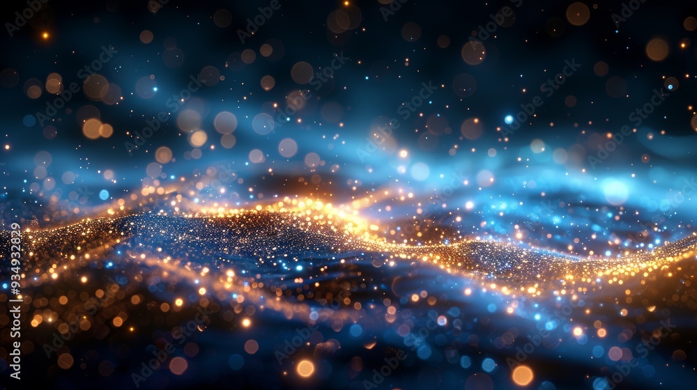 Poster glowing blue and gold waves of light flow across a dark background, creating an enchanting visual ef