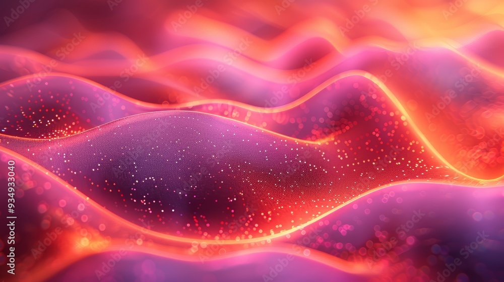 Poster abstract depiction of glowing waves in vibrant colors with swirling patterns and shimmering particle