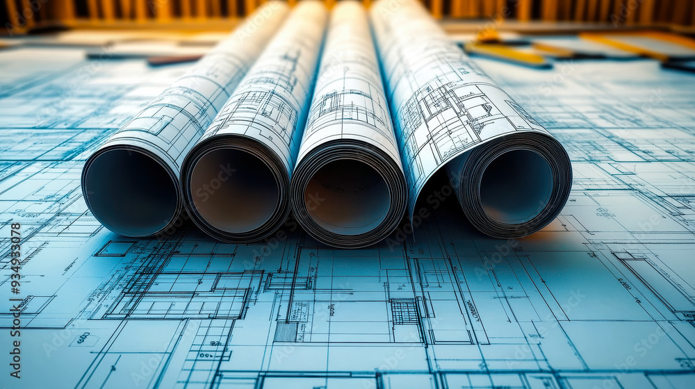 Poster rolled architectural blueprints on blueprint paper in an office setting - focus on architecture desi