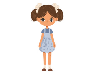 Cartoon character girl in dress with hair bows on white background