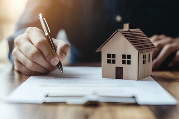A person signing a real estate document with a house model on top