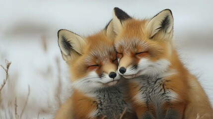 Obraz premium Two Red Foxes Snuggling Close Together in the Snow