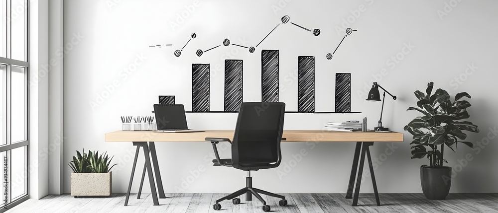 Poster meticulously hand drawn bar graph visualizing quarterly metrics data with a technical engineering di
