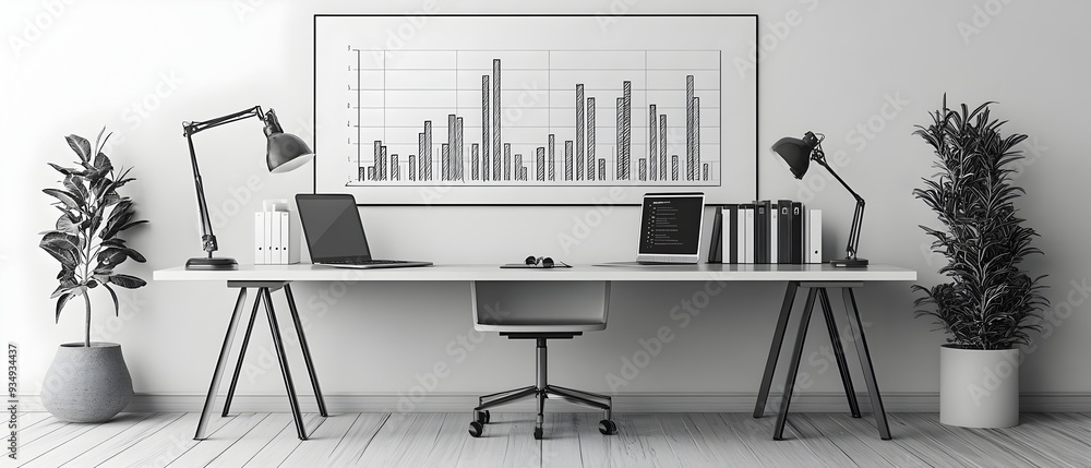 Poster meticulously hand drawn bar graph visualizing quarterly metrics with a clean monochrome aesthetic on