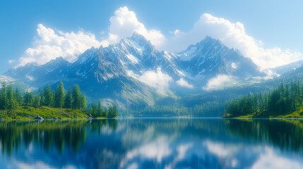 Serene Mountain Lake Landscape with Snowy Peaks, Clear Reflections, and Lush Greenery Under a Bright Blue Sky for Nature Lovers and Tranquility Seekers