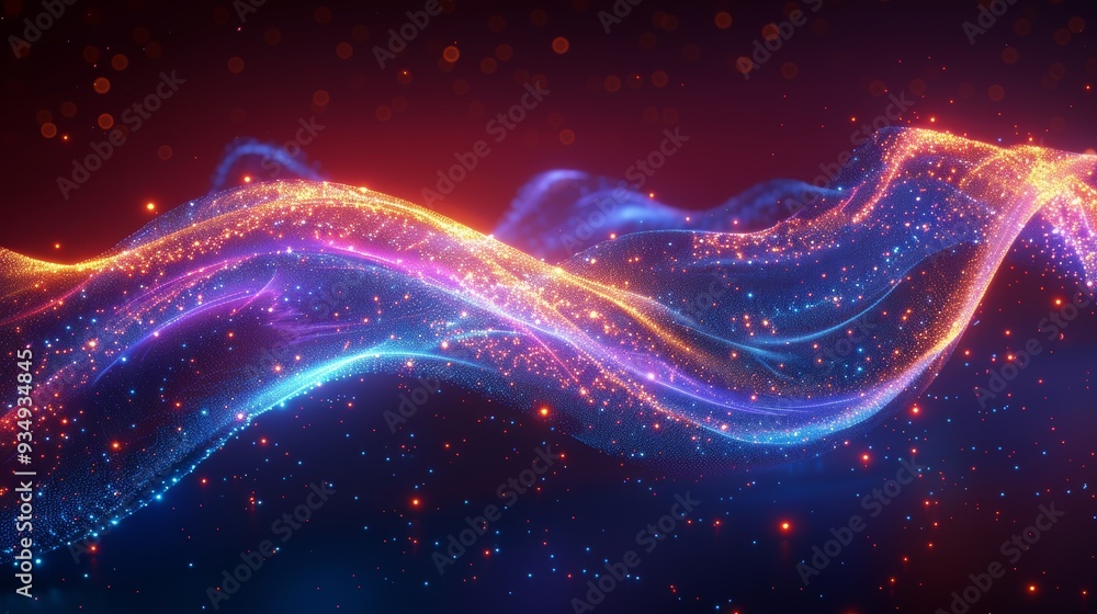Poster Colorful abstract wave pattern with luminous sparkles in a dark background