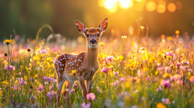 A baby deer is standing in a field of flowers