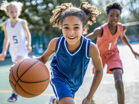 A young girl is playing basketball with her friends