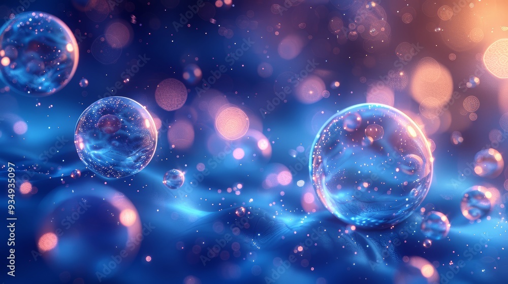 Poster bubbles floating in a vibrant blue background with shimmering lights captured in a close-up view