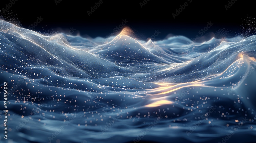 Poster digital visualization of shimmering waves with glowing particles at twilight