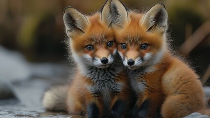 Fototapeta premium Two Adorable Red Fox Kits Huddled Together