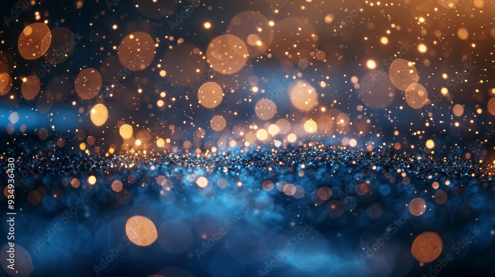 Poster sparkling bokeh lights shimmer in a dark setting, creating a magical atmosphere during an evening ev