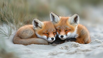 Obraz premium Two Red Fox Kits Huddled Together Sleeping in Sand