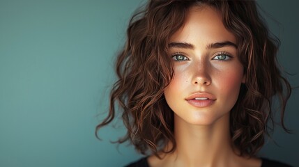 Fototapeta premium Portrait of a beautiful young woman with curly brown hair and green eyes posing against a solid teal background.