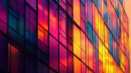 Urban Sunset Blaze: A skyscraper's glass facade erupts in a vibrant reflection of the setting sun, transforming the cityscape into an abstract masterpiece of color and light. 