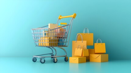 Shopping Cart and Colorful Shopping Bags on Pastel Background Depicting Online Retail and Ecommerce Concept