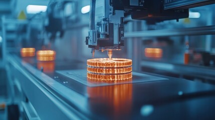 3D printers and additive manufacturing technologies at work, creating complex parts in an advanced manufacturing facility.