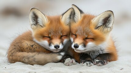 Obraz premium Two Red Fox Kits Snuggling Close Together with Eyes Closed