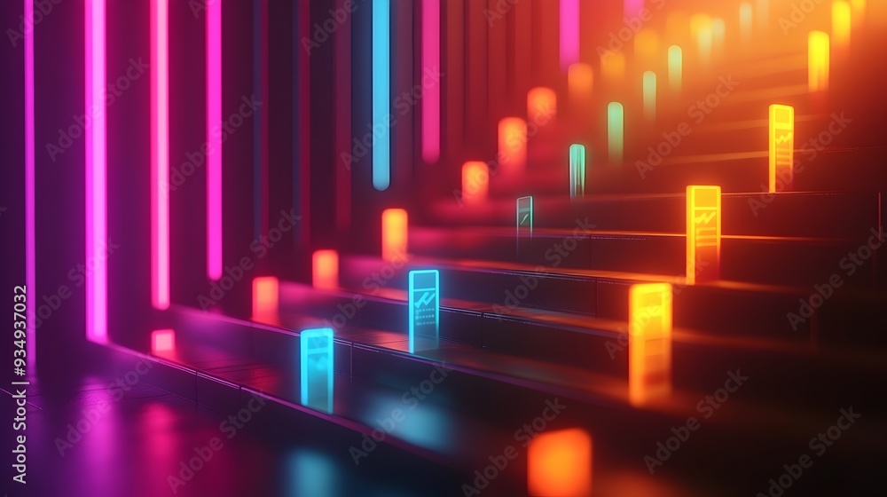 Poster sleek and minimalist 3d infographic visualizing ascending business growth trends with data and a lum