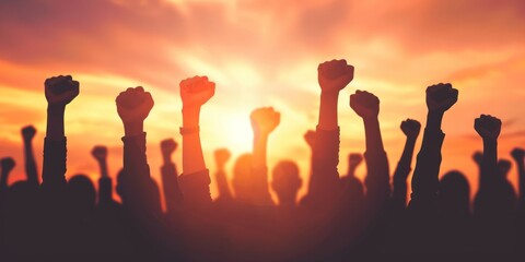 Silhouettes of raised fists in protest against a dramatic sunset sky.