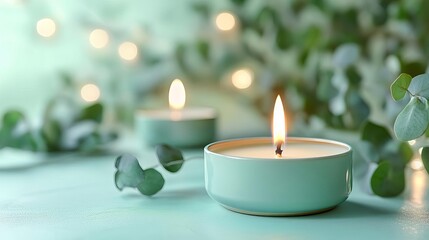 A Aromatherapy candle, swirling smoke, serene spa setting, calming eucalyptus fragrance, holistic healing, pastel greens and blues