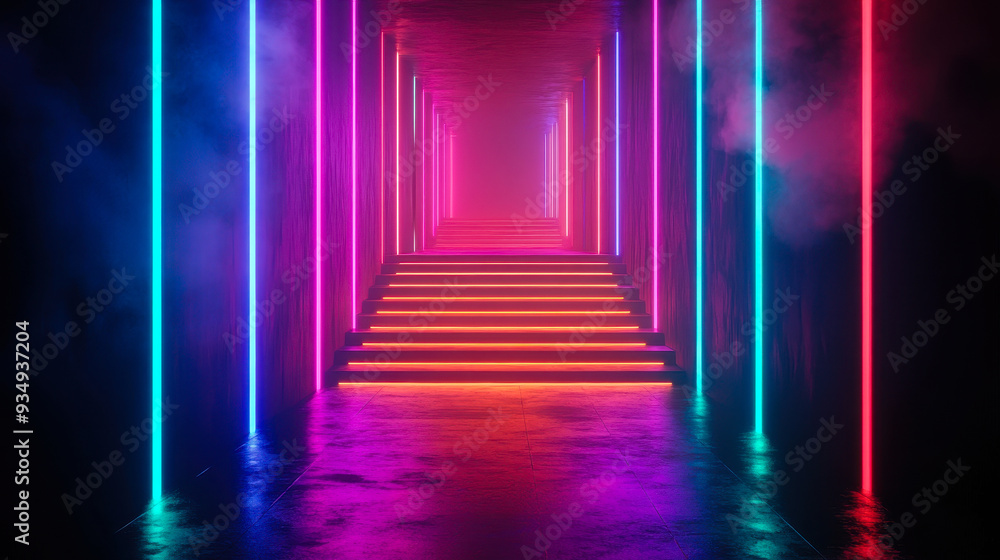Poster futuristic neon light tunnel with glowing stairs and abstract background for sci-fi concepts and mod