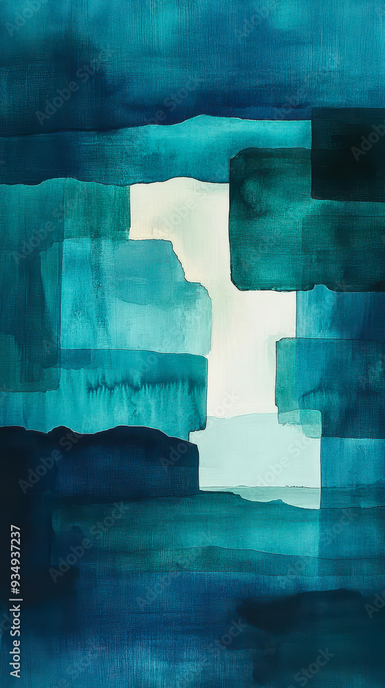 Poster serene abstract art in blue and green with geometric patterns and light center for modern decor and 