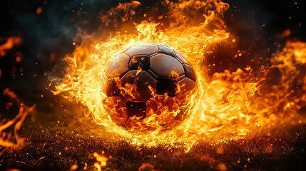 Naklejka premium Fiery Soccer Ball with Dynamic Energy and Intense Flames - Sports Concept for Passion, Power, and Heat in Football
