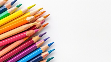 Fototapeta premium Close-up of beautifully arranged colorful colored pencils. White background with copy space.