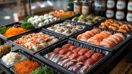 Obraz premium Assorted sushi platters arranged neatly at a marketplace, showcasing fresh seafood and vibrant garnishes