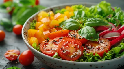 Fresh vegetable salad with tomatoes, bell peppers, and basil on a dark background
