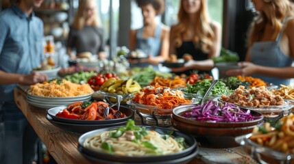 Delicious buffet featuring various pasta dishes and fresh vegetables at a vibrant gathering