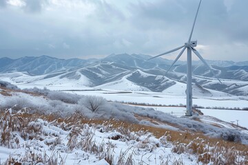 Winter Landscape Featuring A Wind Turbine Amidst Snow-Covered Mountains In A Calm Atmosphere