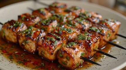 Grilled skewers of marinated salmon garnished with herbs and sauce on a plate in a rustic dining setting