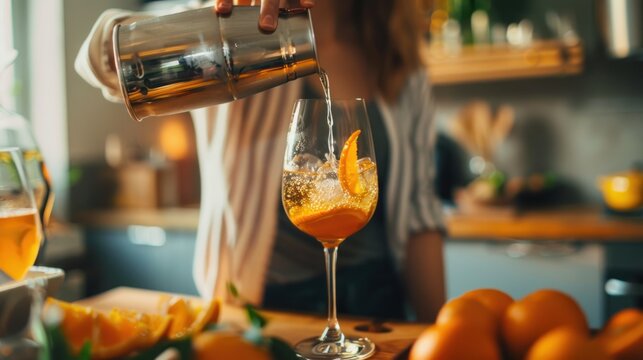 A beautiful young woman mixing soda from a can into wine glasses to make a cocktail drink in the kitchen for a large group of people at her home.