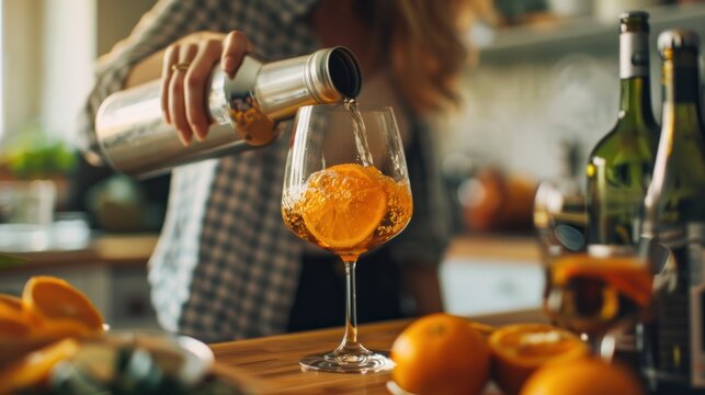 A beautiful young woman mixing soda from a can into wine glasses to make a cocktail drink in the kitchen for a large group of people at her home.