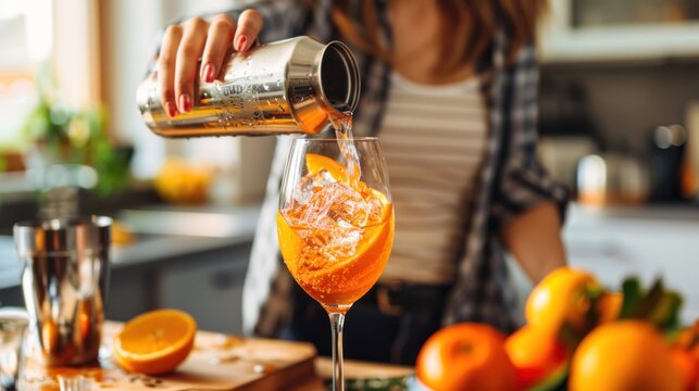 A beautiful young woman mixing soda from a can into wine glasses to make a cocktail drink in the kitchen for a large group of people at her home.