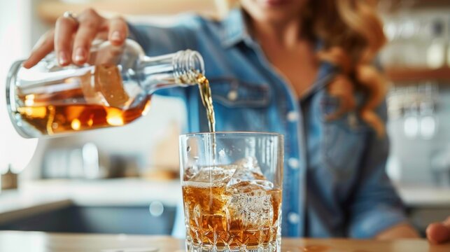 A beautiful young woman mixing soda from a can into wine glasses to make a cocktail drink in the kitchen for a large group of people at her home.