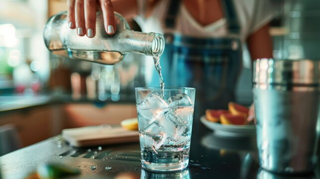 A beautiful young woman mixing soda from a can into wine glasses to make a cocktail drink in the kitchen for a large group of people at her home.